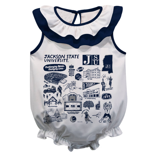 Jackson State University Tigers  White Hand Sketched Vive La Fete Impressions Artwork Sleeveless Ruffle Onesie Bodysuit