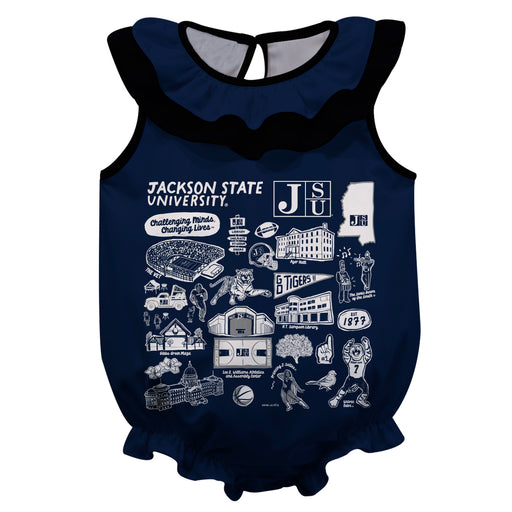 Jackson State University Tigers  Blue Hand Sketched Vive La Fete Impressions Artwork Sleeveless Ruffle Onesie Bodysuit