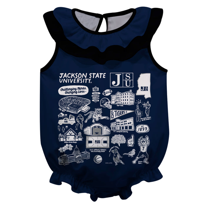 Jackson State University Tigers  Blue Hand Sketched Vive La Fete Impressions Artwork Sleeveless Ruffle Onesie Bodysuit
