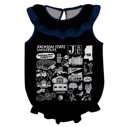 Jackson State University Tigers  Black Hand Sketched Vive La Fete Impressions Artwork Sleeveless Ruffle Onesie Bodysuit