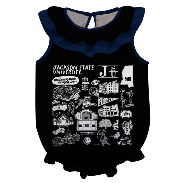 Jackson State University Tigers  Black Hand Sketched Vive La Fete Impressions Artwork Sleeveless Ruffle Onesie Bodysuit