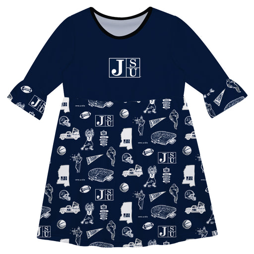 Jackson State Tigers 3/4 Sleeve Solid Blue Repeat Print Hand Sketched Vive La Fete Impressions Artwork on Skirt