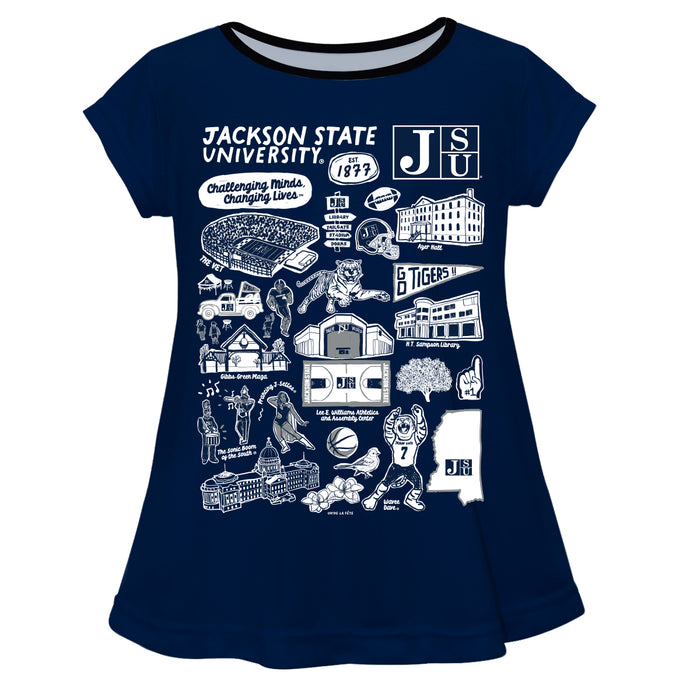 Jackson State University Tigers Hand Sketched Vive La Fete Impressions Artwork Blue Short Sleeve Top