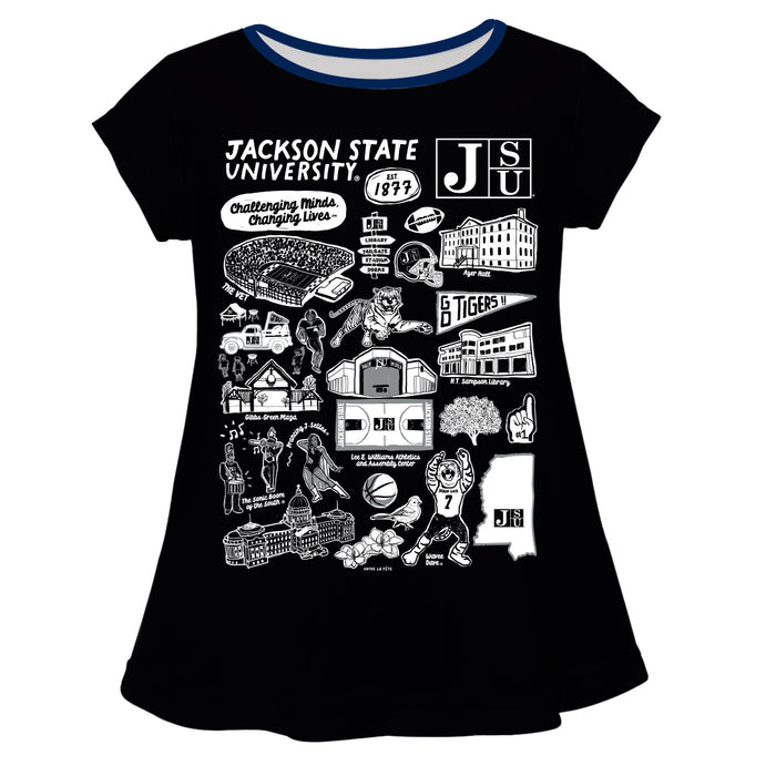 Jackson State University Tigers Hand Sketched Vive La Fete Impressions Artwork Black Short Sleeve Top