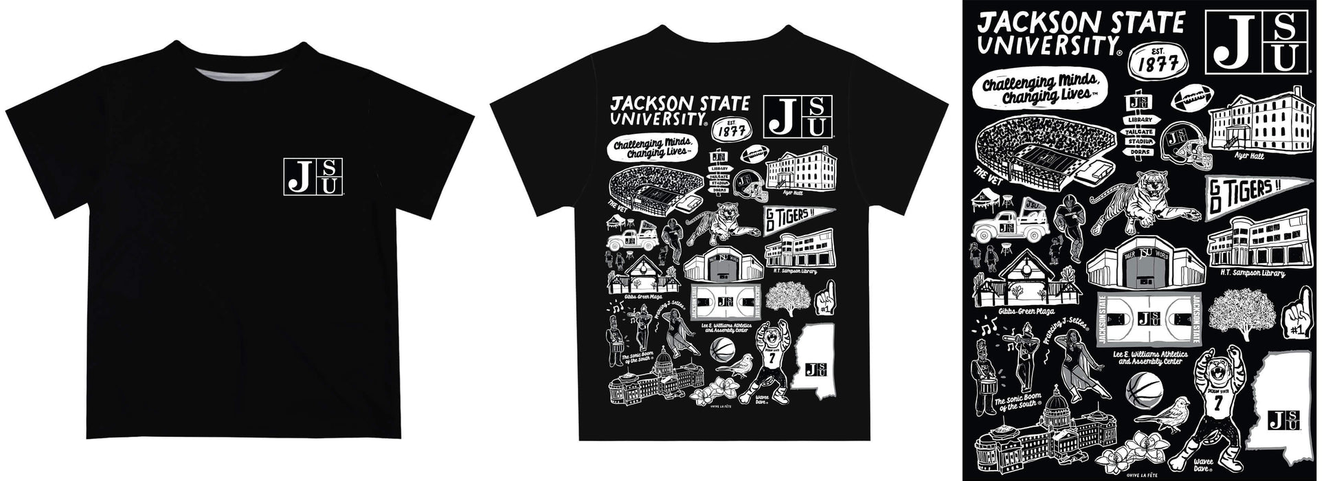 Jackson State University Tigers Hand Sketched Vive La Fete Impressions Artwork Boys Black Short Sleeve Tee Shirt - Vive La Fête - Online Apparel Store