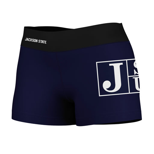 Jackson State Tigers Vive La Fete Logo on Thigh & Waistband Blue Black Women Yoga Booty Workout Shorts 3.75 Inseam"