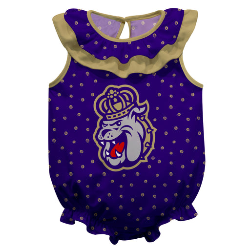 JMU Dukes Swirls Purple Sleeveless Ruffle Onesie Logo Bodysuit