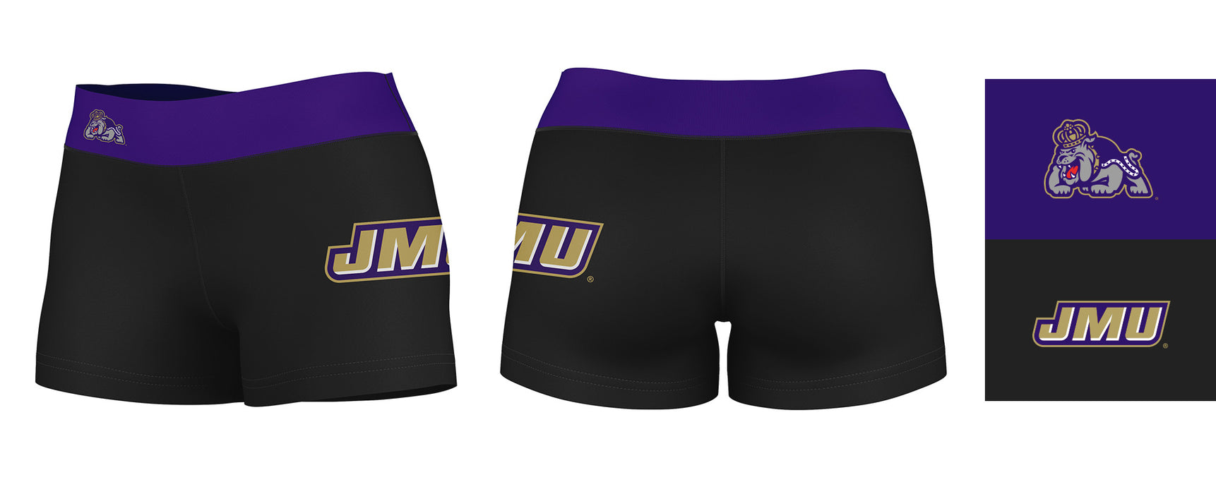 JMU Dukes Vive La Fete Game Day Logo on Thigh and Waistband Black & Purple Women Yoga Booty Workout Shorts 3.75 Inseam" - Vive La Fête - Online Apparel Store