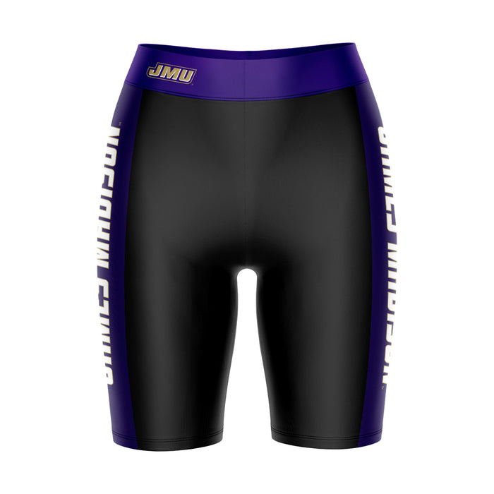 JMU Dukes Vive La Fete Game Day Logo on Waistband and Purple Stripes Black Women Bike Short 9 Inseam"