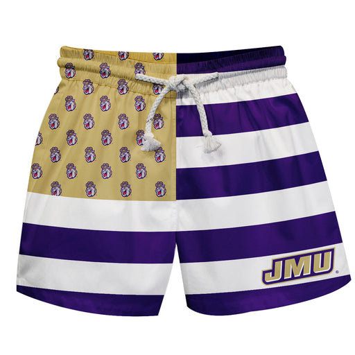 James Madison University Dukes Vive La Fete Game Day Purple White Gold Flag Swimtrunks V1