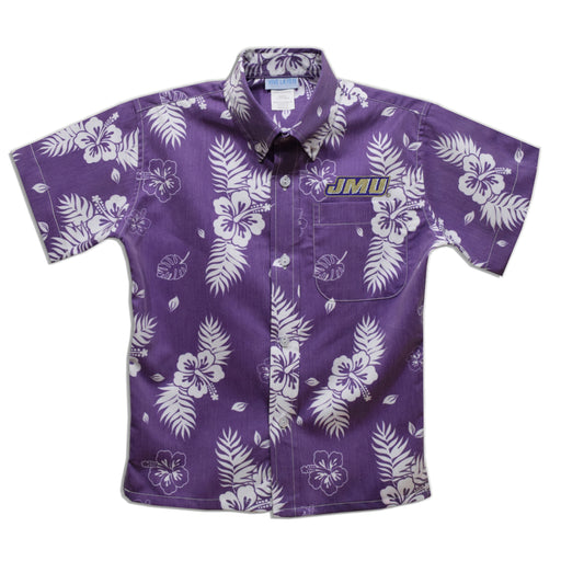 James Madison University Dukes Purple Hawaiian Short Sleeve Button Down Shirt