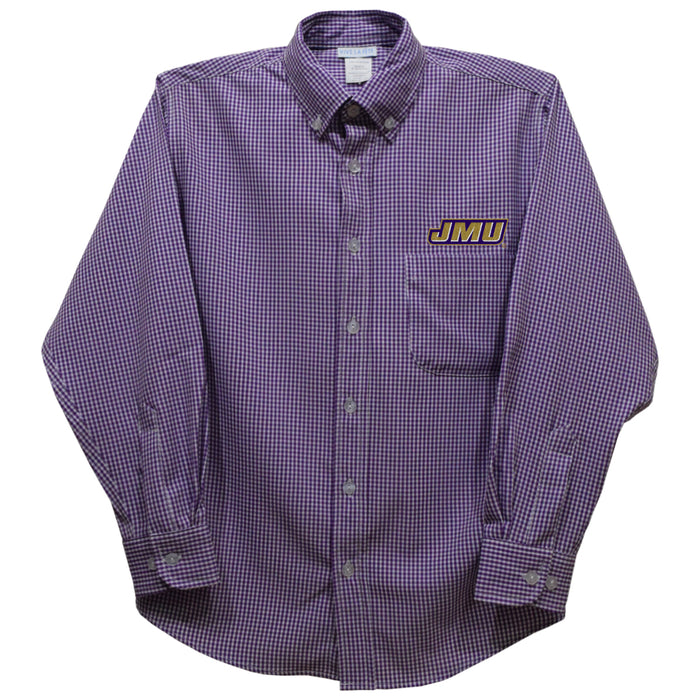 JMU Dukes Embroidered Purple Gingham Long Sleeve Button Down Shirt