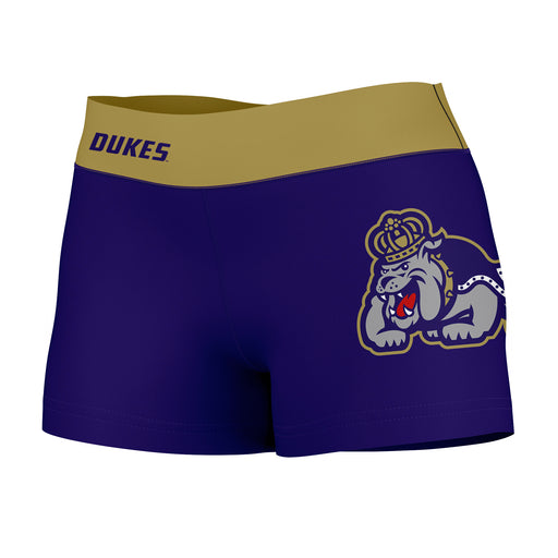 James Madison Dukes Vive La Fete Logo on Thigh & Waistband Purple Gold Women Yoga Booty Workout Shorts 3.75 Inseam