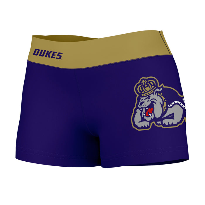 James Madison Dukes Vive La Fete Logo on Thigh & Waistband Purple Gold Women Yoga Booty Workout Shorts 3.75 Inseam