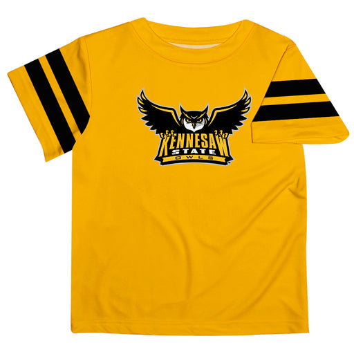 Kennesaw State University KSU Owls Vive La Fete Boys Game Day Gold Short Sleeve Tee with Stripes on Sleeves