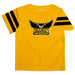 Kennesaw State University KSU Owls Vive La Fete Boys Game Day Gold Short Sleeve Tee with Stripes on Sleeves