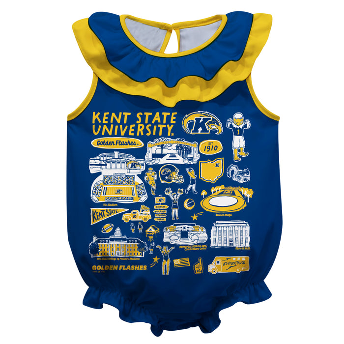 Kent State Golden Flashes  Blue Hand Sketched Vive La Fete Impressions Artwork Sleeveless Ruffle Onesie Bodysuit