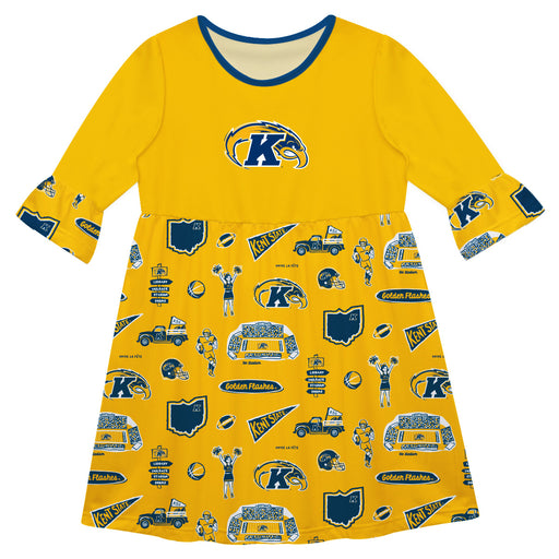 Kent State Golden Flashes 3/4 Sleeve Solid Gold Repeat Print Hand Sketched Vive La Fete Impressions Artwork on Skirt