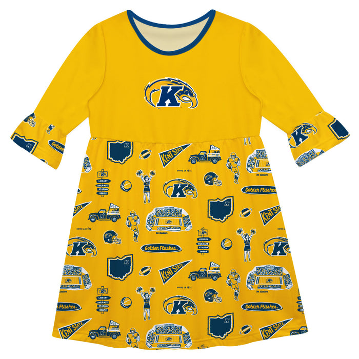 Kent State Golden Flashes 3/4 Sleeve Solid Gold Repeat Print Hand Sketched Vive La Fete Impressions Artwork on Skirt