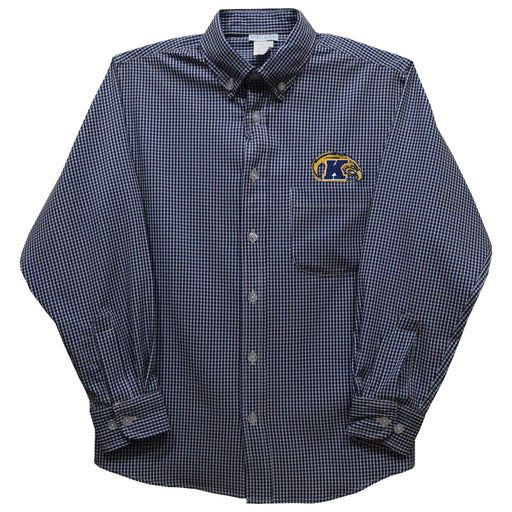 Kent State Golden Flashes Embroidered Navy Gingham Long Sleeve Button Down
