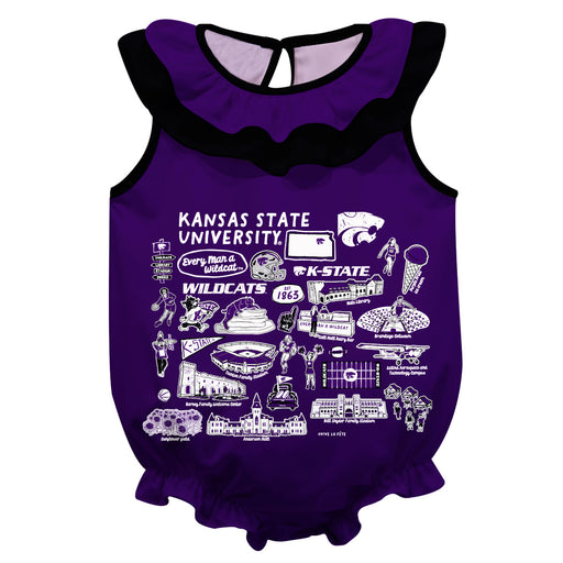Kansas State University Wildcats Purple Hand Sketched Vive La Fete Impressions Artwork Sleeveless Ruffle Onesie Bodysuit