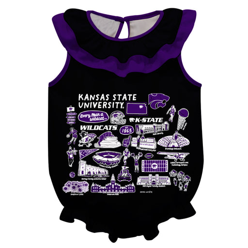 Kansas State University Wildcats Black Hand Sketched Vive La Fete Impressions Artwork Sleeveless Ruffle Onesie Bodysuit