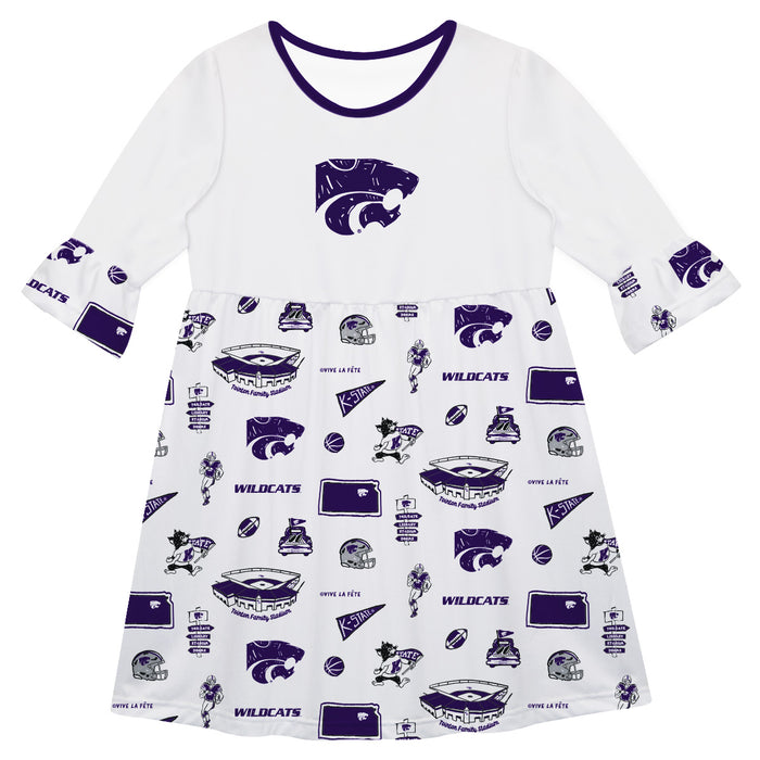 Kansas State Wildcats 3/4 Sleeve Solid White Repeat Print Hand Sketched Vive La Fete Impressions Artwork on Skirt