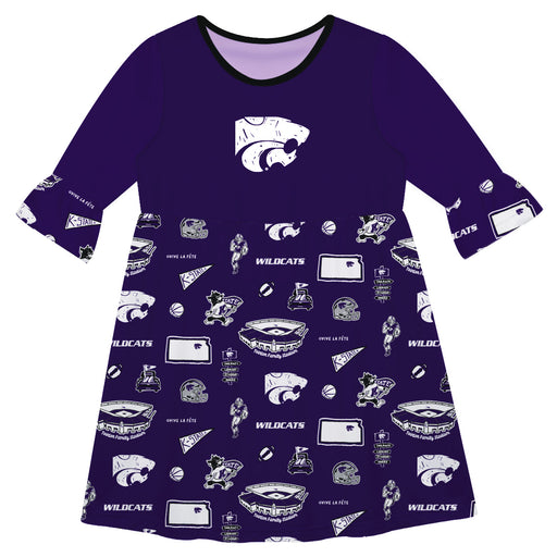 Kansas State Wildcats 3/4 Sleeve Solid Purple Repeat Print Hand Sketched Vive La Fete Impressions Artwork on Skirt