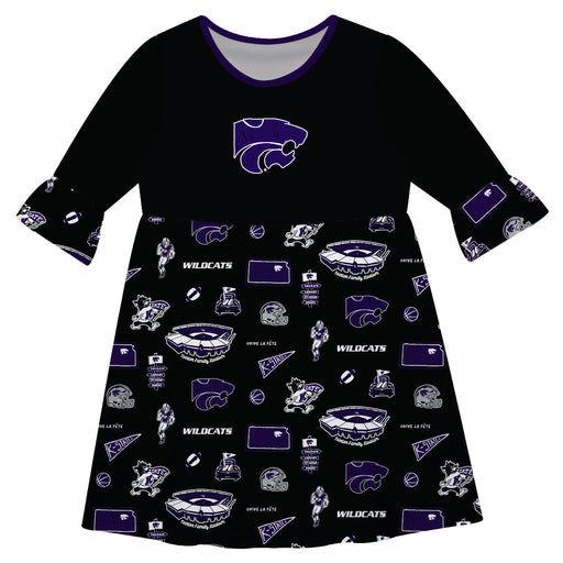 Kansas State  Wildcats 3/4 Sleeve Solid Black Repeat Print Hand Sketched Vive La Fete Impressions Artwork on Skirt