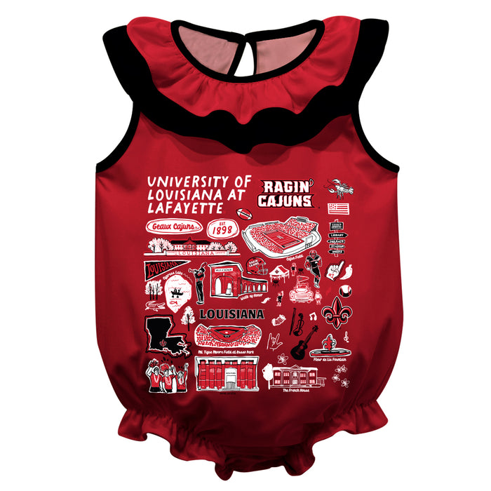 Louisiana at Lafayette Cajuns  Red Hand Sketched Vive La Fete Impressions Artwork Sleeveless Ruffle Onesie Bodysuit