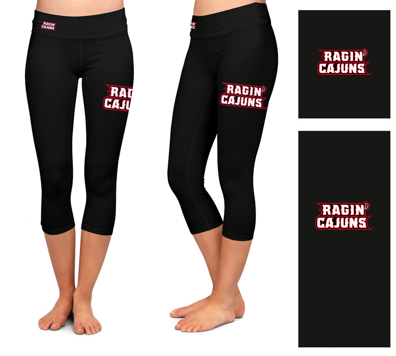 Louisiana Ragin Cajuns Vive La Fete Game Day Collegiate Large Logo on Thigh and Waist Youth Black Capri Leggings - Vive La Fête - Online Apparel Store