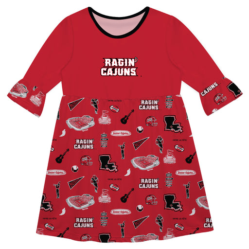Louisiana at Lafayette Cajuns 3/4 Sleeve Solid Red Repeat Print Hand Sketched Vive La Fete Impressions Artwork on Skirt