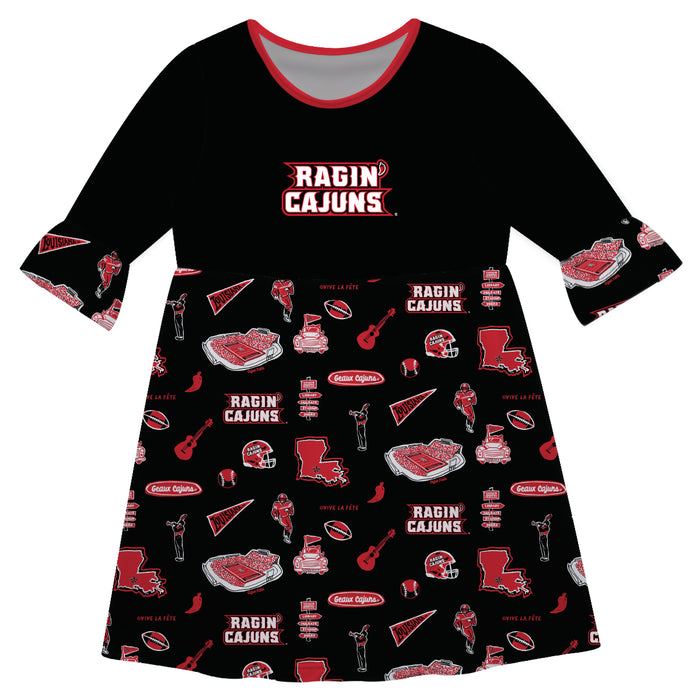Louisiana at Lafayette Cajuns 3/4Sleeve Solid Black Repeat Print Hand Sketched Vive La Fete Impressions Artwork on Skirt