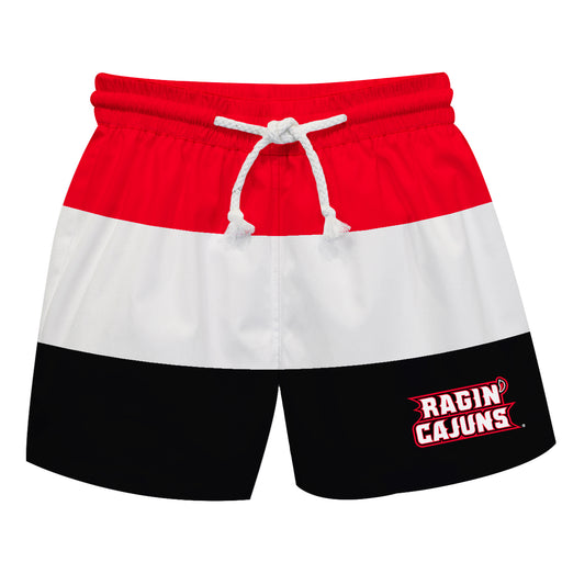 Louisiana Ragin Cajuns Vive La Fete Red White Black Stripes Swimtrunks V1