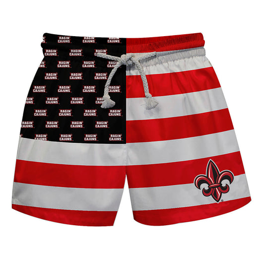 Louisiana Ragin Cajuns Vive La Fete Game Day Red White Black Flag Swimtrunks V1