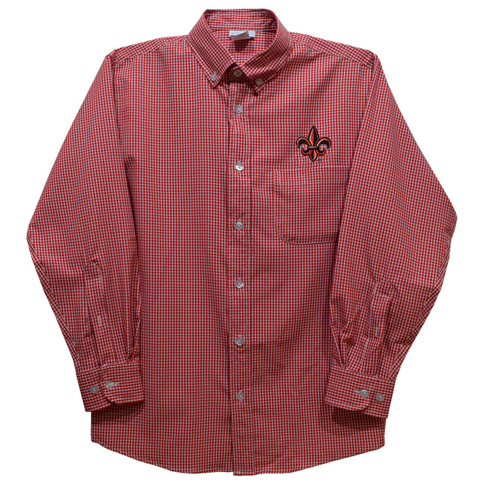 Louisiana at Lafayette Cajuns Embroidered Red Cardinal Gingham Long Sleeve Button Down