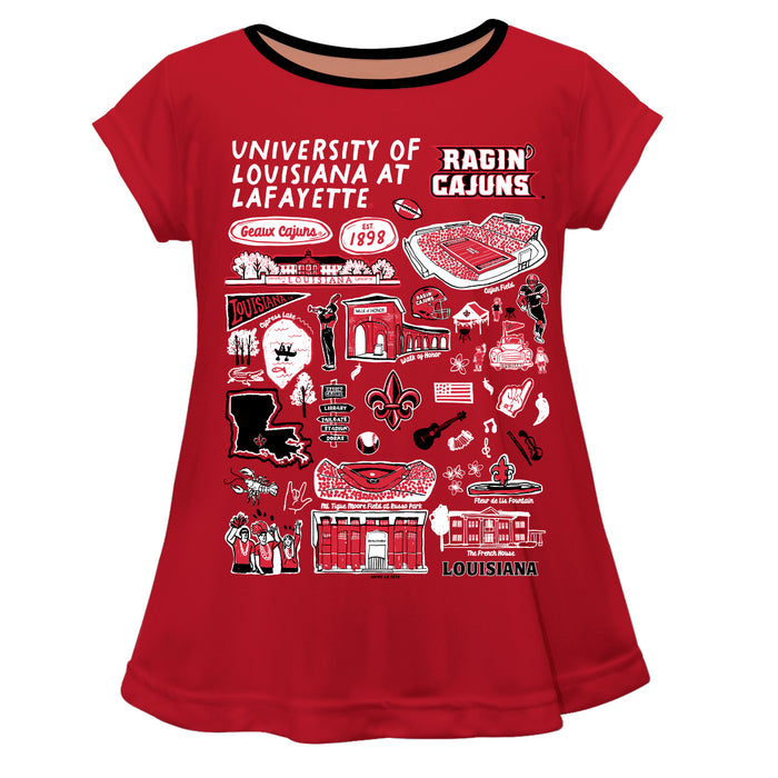 Louisiana at Lafayette Cajuns Hand Sketched Vive La Fete Impressions Artwork Red (Vermilion) Short Sleeve Top