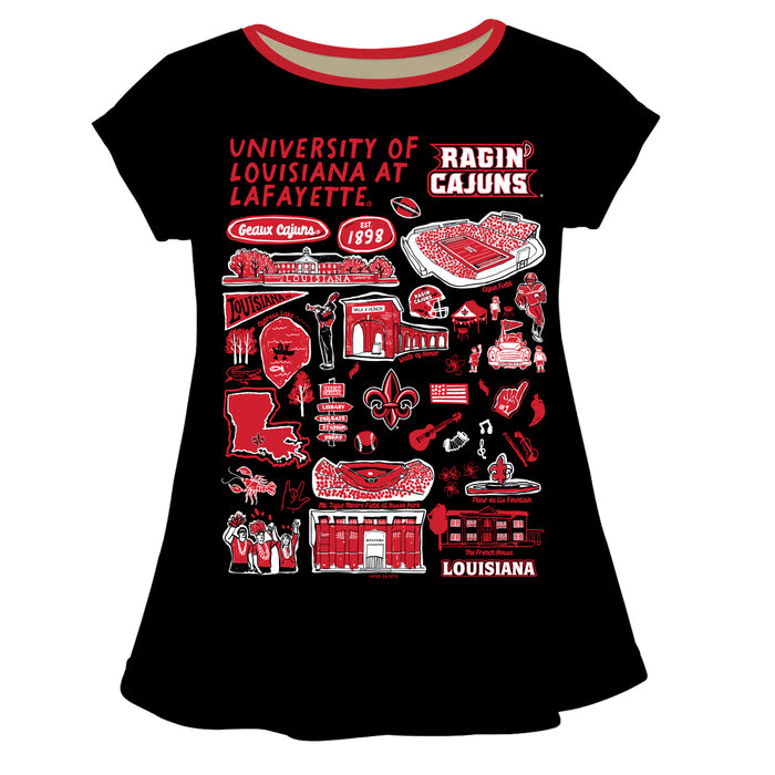 Louisiana at Lafayette Cajuns Hand Sketched Vive La Fete Impressions Artwork Black Short Sleeve Top