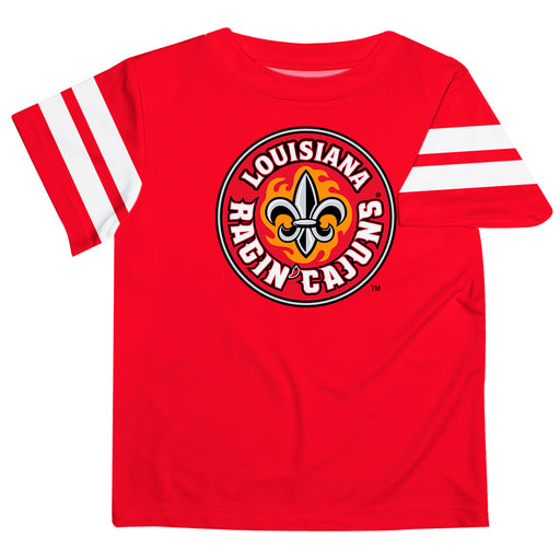 Louisiana Ragin Cajuns Vive La Fete Boys Game Day Red Short Sleeve Tee with Stripes on Sleeves