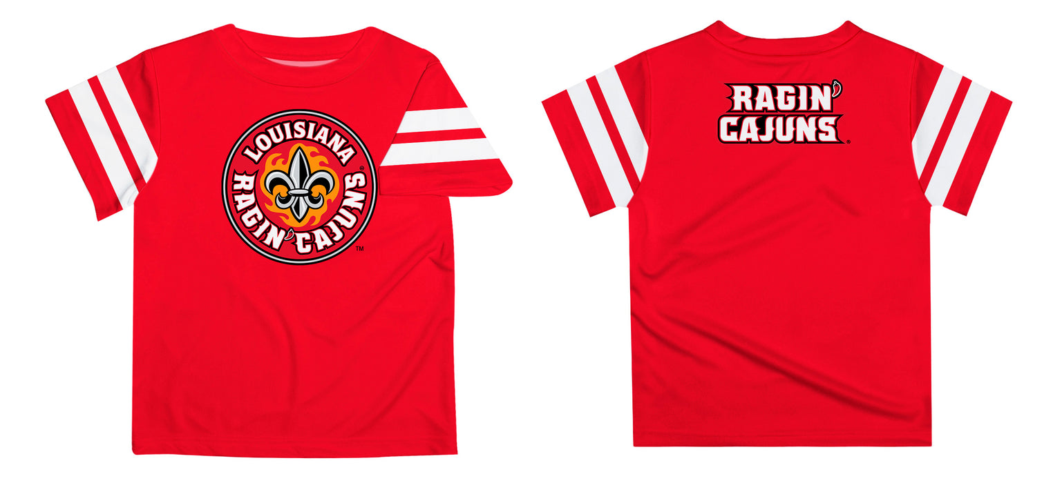 Louisiana Ragin Cajuns Vive La Fete Boys Game Day Red Short Sleeve Tee with Stripes on Sleeves - Vive La Fête - Online Apparel Store