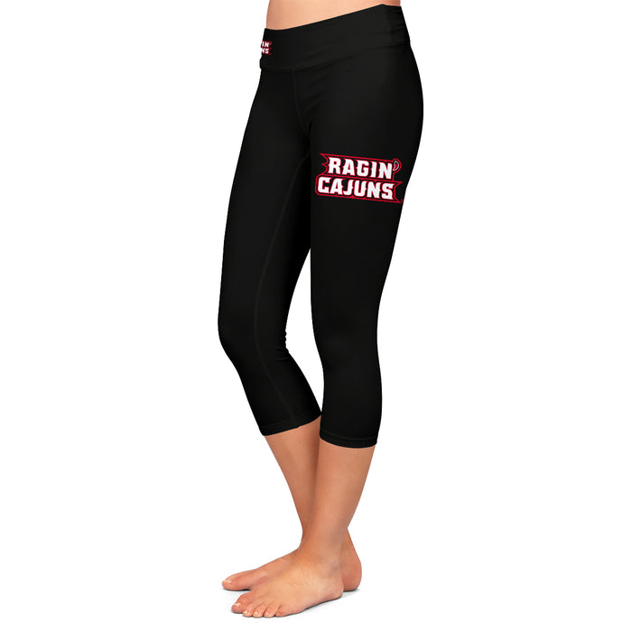 Louisiana Ragin Cajuns Vive La Fete Game Day Collegiate Large Logo on Thigh and Waist Women Black Capri Leggings - Vive La Fête - Online Apparel Store
