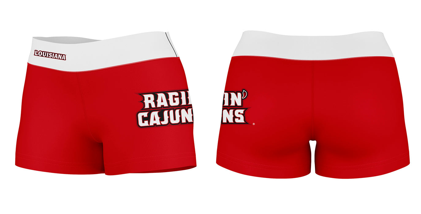 Louisiana Ragin Cajuns Vive La Fete Logo on Thigh & Waistband Red White Women Yoga Booty Workout Shorts 3.75 Inseam" - Vive La Fête - Online Apparel Store