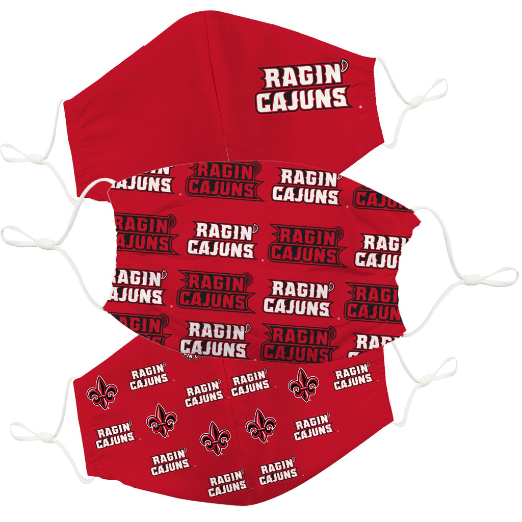 Louisiana Ragin Cajuns 3 Ply Vive La Fete Face Mask 3 Pack Game Day Collegiate Unisex Face Covers Reusable Washable Adults XL