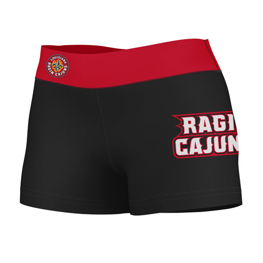 Louisiana Ragin Cajuns Vive La Fete Logo on Thigh and Waistband Black & Red Women Yoga Booty Workout Shorts 3.75 Inseam"