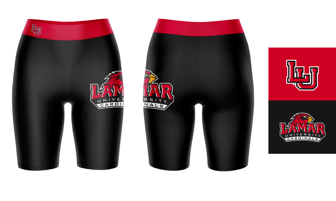 Lamar Cardinals Vive La Fete Game Day Logo on Thigh and Waistband Black and Red Women Bike Short 9 Inseam" - Vive La Fête - Online Apparel Store