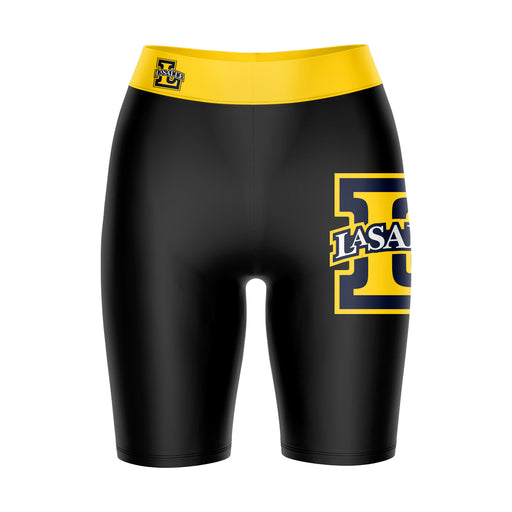La Salle Explorers Vive La Fete Game Day Logo on Thigh and Waistband Black and Gold Women Bike Short 9 Inseam"