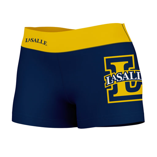 La Salle Explorers Vive La Fete Logo on Thigh & Waistband Blue Gold Women Yoga Booty Workout Shorts 3.75 Inseam
