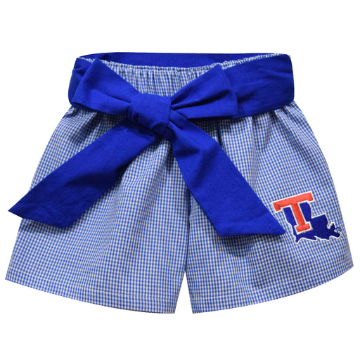 Louisiana Tech Embroidered Royal Gingham Girls Short With Sash - Vive La Fête - Online Apparel Store