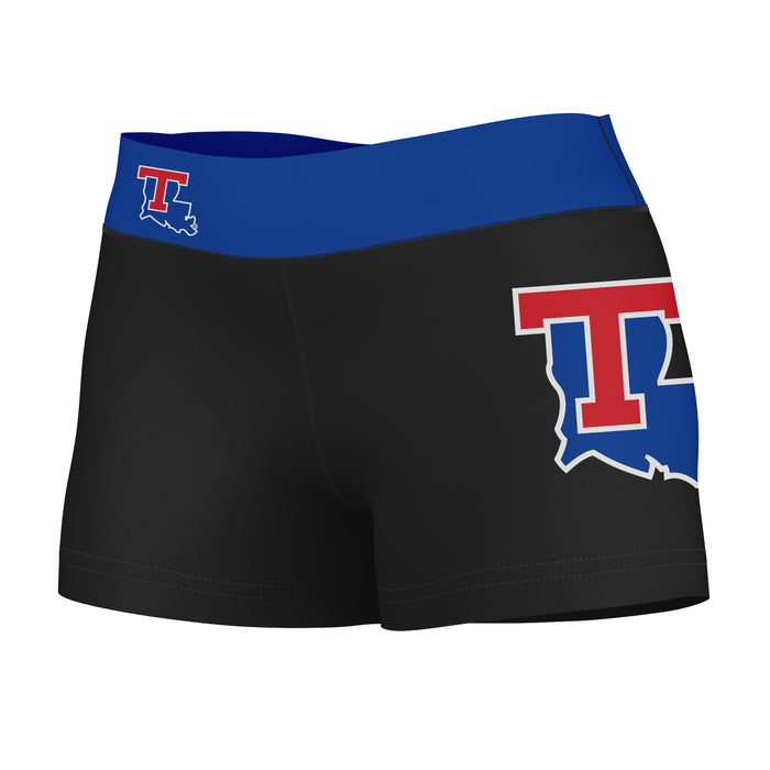 Louisiana Tech Bulldogs Vive La Fete Logo on Thigh & Waistband Black & Blue Women Yoga Booty Workout Shorts 3.75 Inseam"