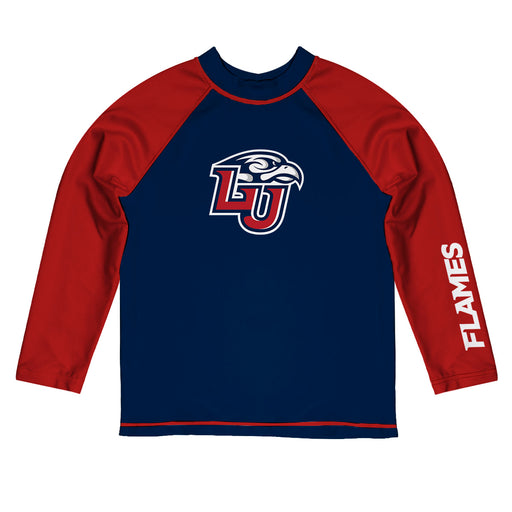 Liberty Flames Vive La Fete Logo Blue Red Long Sleeve Raglan Rashguard
